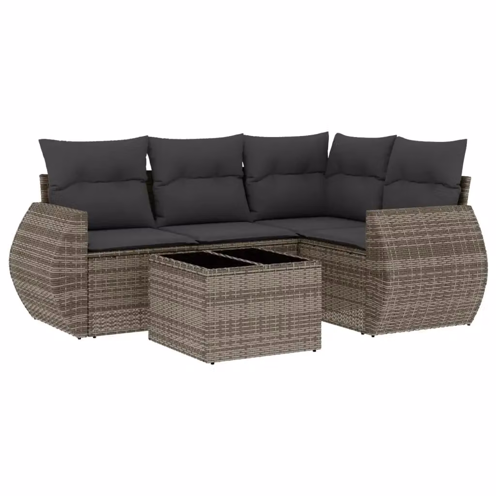 vidaXL Set Divano da Giardino a L 5 pz con Cuscini Grigio in Polyrattan e Tavolino in Vetro – 2