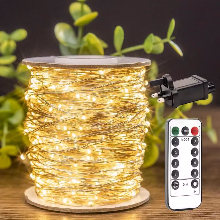 Catena luminosa a LED, lunghezza 30,5 metri, 600 LED bianco caldo, con telecomando