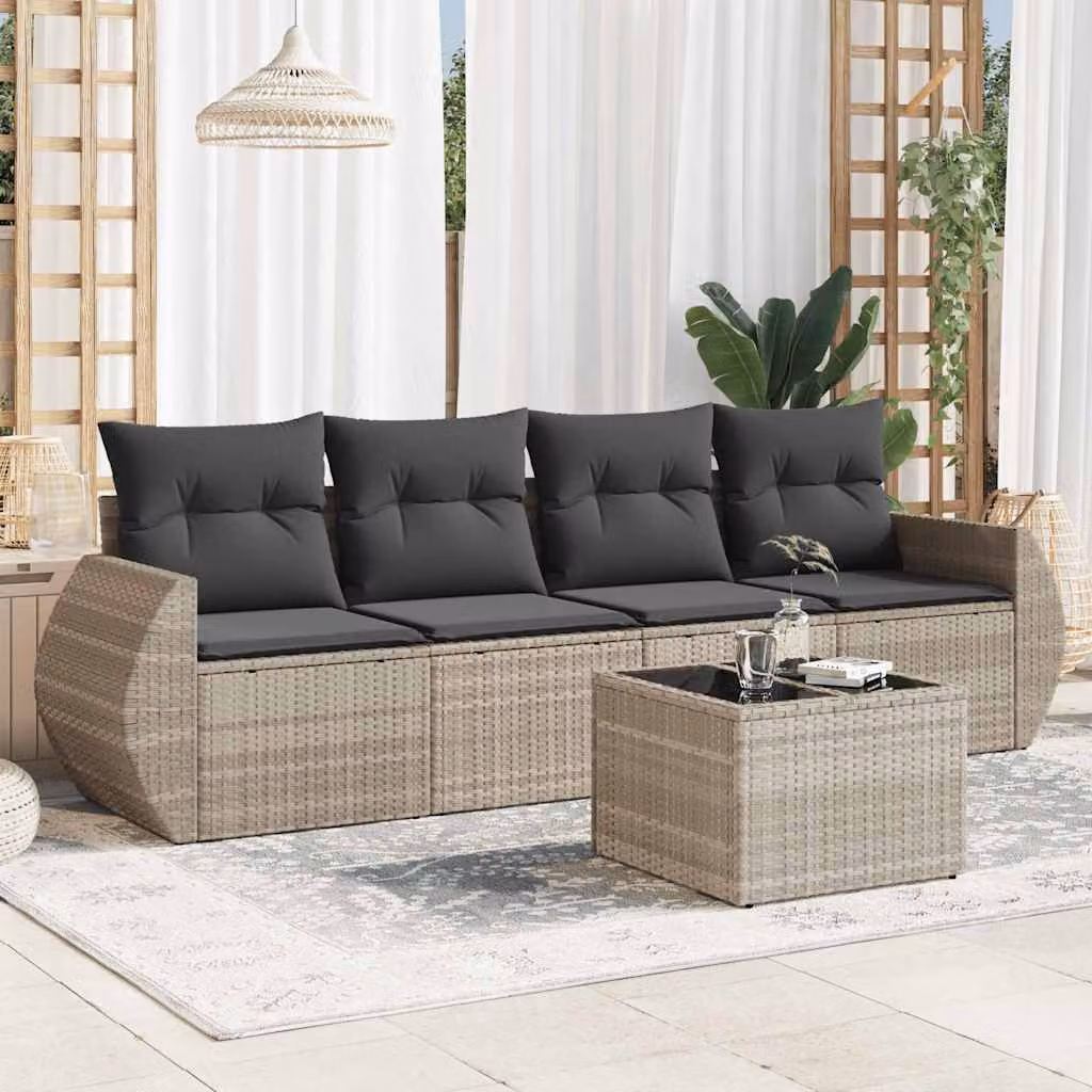 vidaXL Set Divano da Giardino a L in Polyrattan Grigio con Cuscini e Tavolino da Esterno – 1