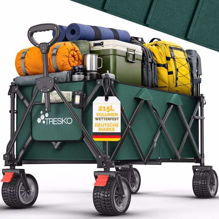 Carrello pieghevole TRESKO® da 215 litri con freno | Carrello pieghevole da 150 kg con ruote in gomma piena | Carrello da spiaggia pieghevole con ruote fuoristrada extra larghe | Carrello da trasporto con borsa per il trasporto