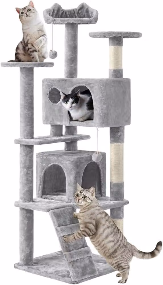 Albero per gatti alto 158 cm, robusto, con 2 rifugi, color grigio chiaro. Realizzato con pannelli di truciolato certificati Albero per gatti multistrato, ideale per gatti di grossa taglia. Dotato di sistema di sicurezza anticaduta, 3 piattaforme e un'area