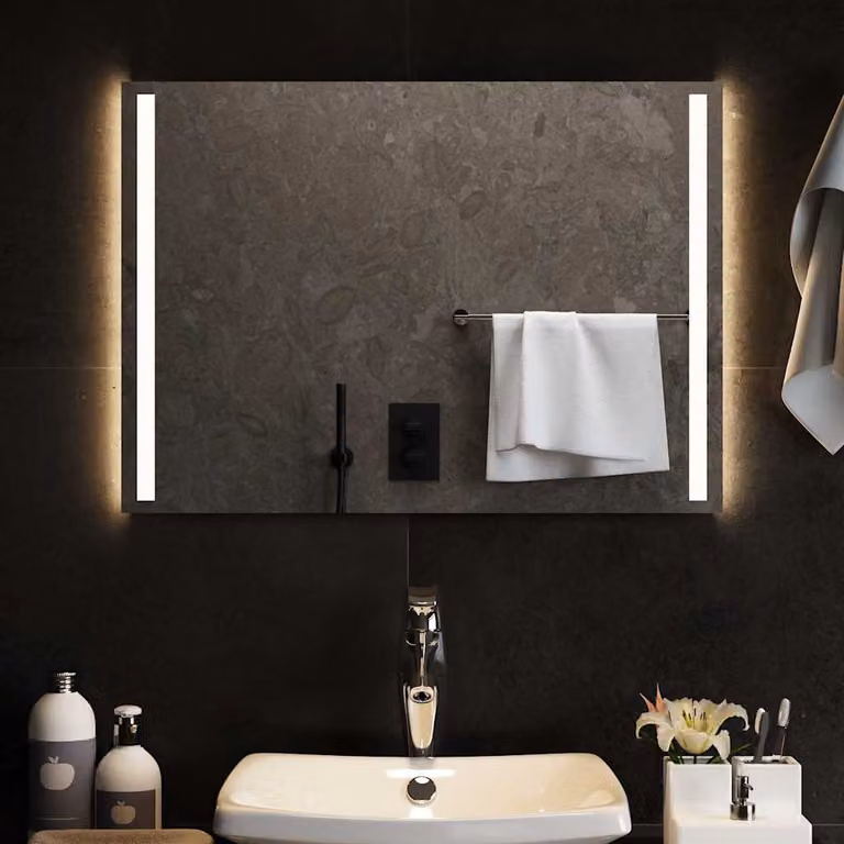 Specchio da bagno moderno vidaXL con luci LED, rettangolare, nero e trasparente, L: 70 cm, H: 50 cm