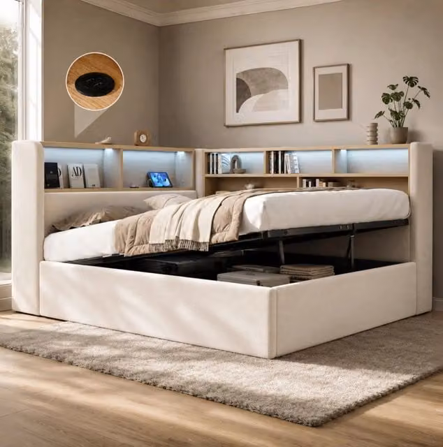 Letto imbottito con contenitore idraulico; LED; USB e Type-C; velluto beige