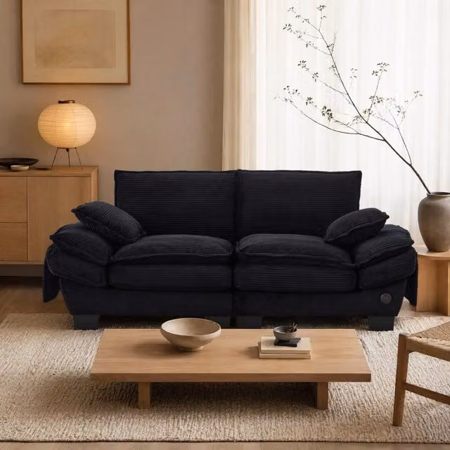 Sofa 2 posti in corduroy nero con USB-C; tasche laterali e seduta ergonomica 190 cm