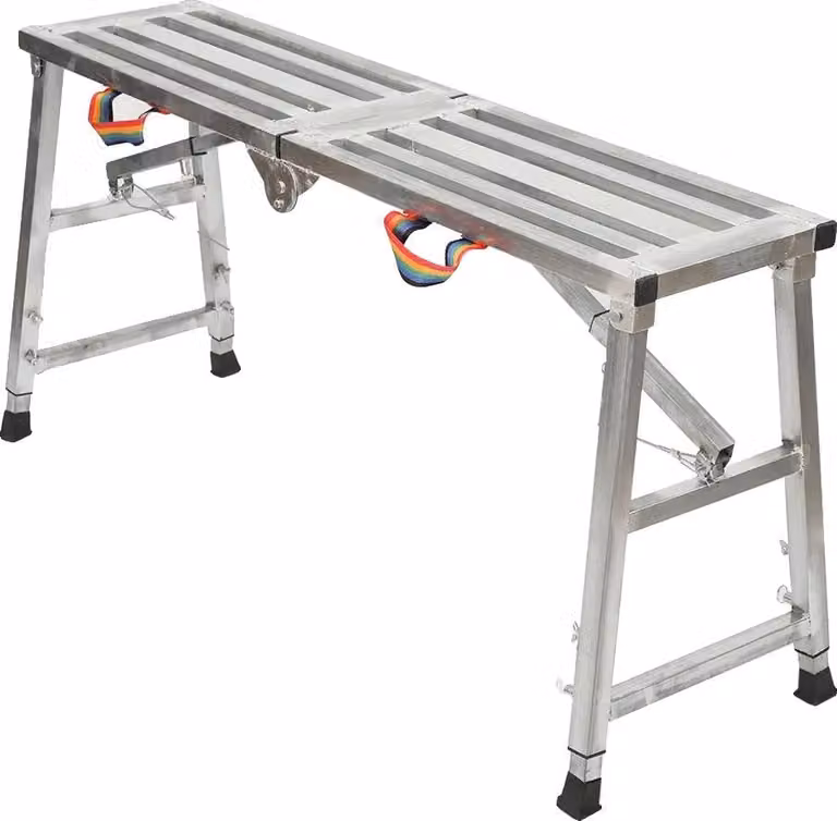 Piattaforma di lavoro regolabile, realizzata in alluminio zincato, con dimensioni di 120x30 cm, altezza regolabile da 60 a 90 cm, capacità di carico di 200 kg e spessore del tubo di 1,0 mm