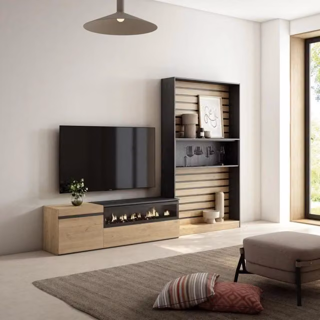Mobile TV da soggiorno SKRAUT HOME con camino elettrico per TV fino a 65 pollici, colore Rovere e nero, L: 260 cm, P: 35 cm, H: 186 cm