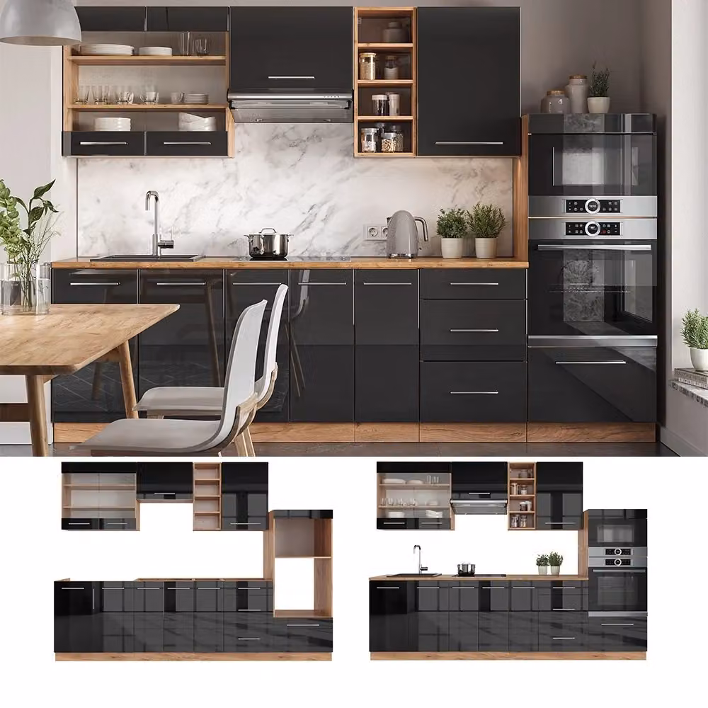 Cucina componibile moderna Vicco Fame-Line colore Antracite lucido e Rovere dorato L: 280 cm – 2