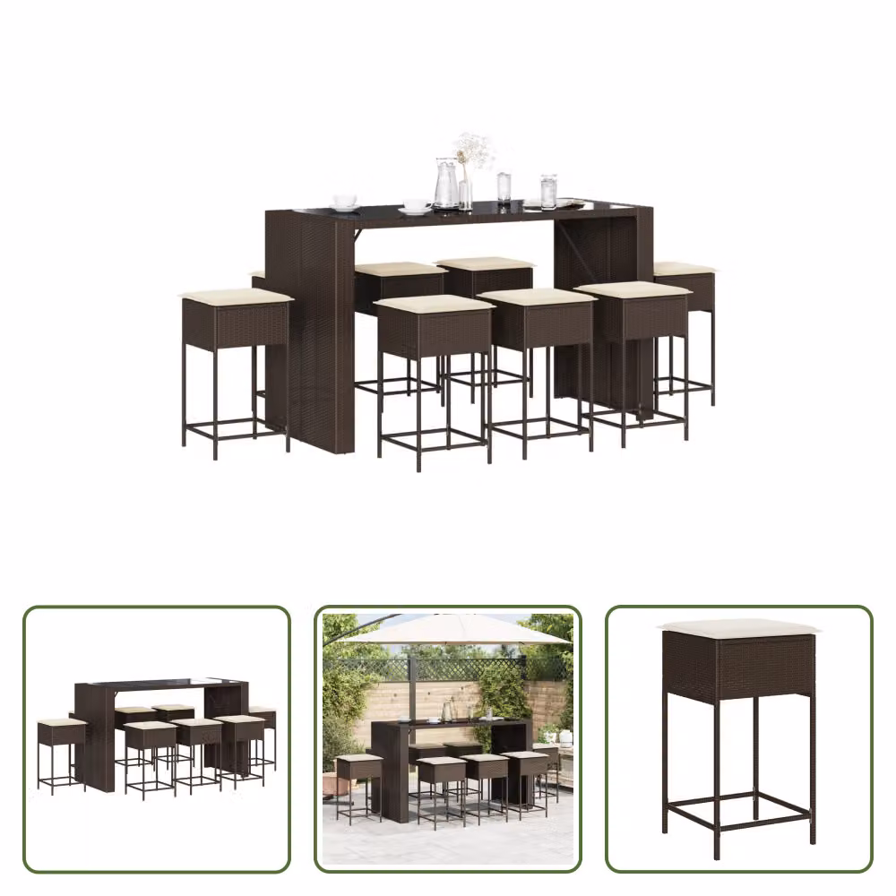 The Living Store Set bar da giardino 9 pezzi con cuscini in poly rattan marrone