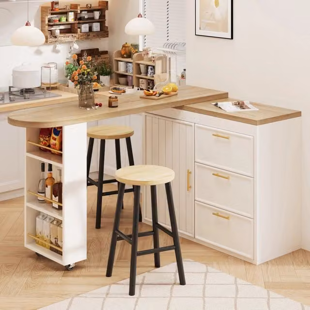 Bartisch con piano girevole a 360°, 3 cassetti, ripiani regolabili e protezione anti-ribaltamento, tavolo versatile per sala da pranzo, soggiorno e home office