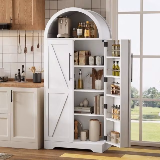 Mobile dispensa bianco 70 x 40 x 165 cm; vetrina ad arco con vano aperto; due ante; MDF