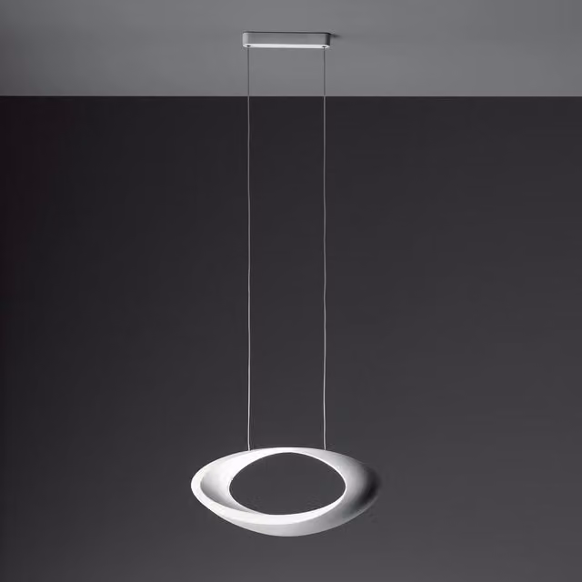 Lampada a sospensione Artemide Cabildo LED ad anello, colore bianco e argento, con regolazione dell'intensità luminosa e altezza regolabile