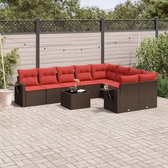 Set Divani da Giardino 10 pz con Cuscini Marrone in Polyrattan 3220653