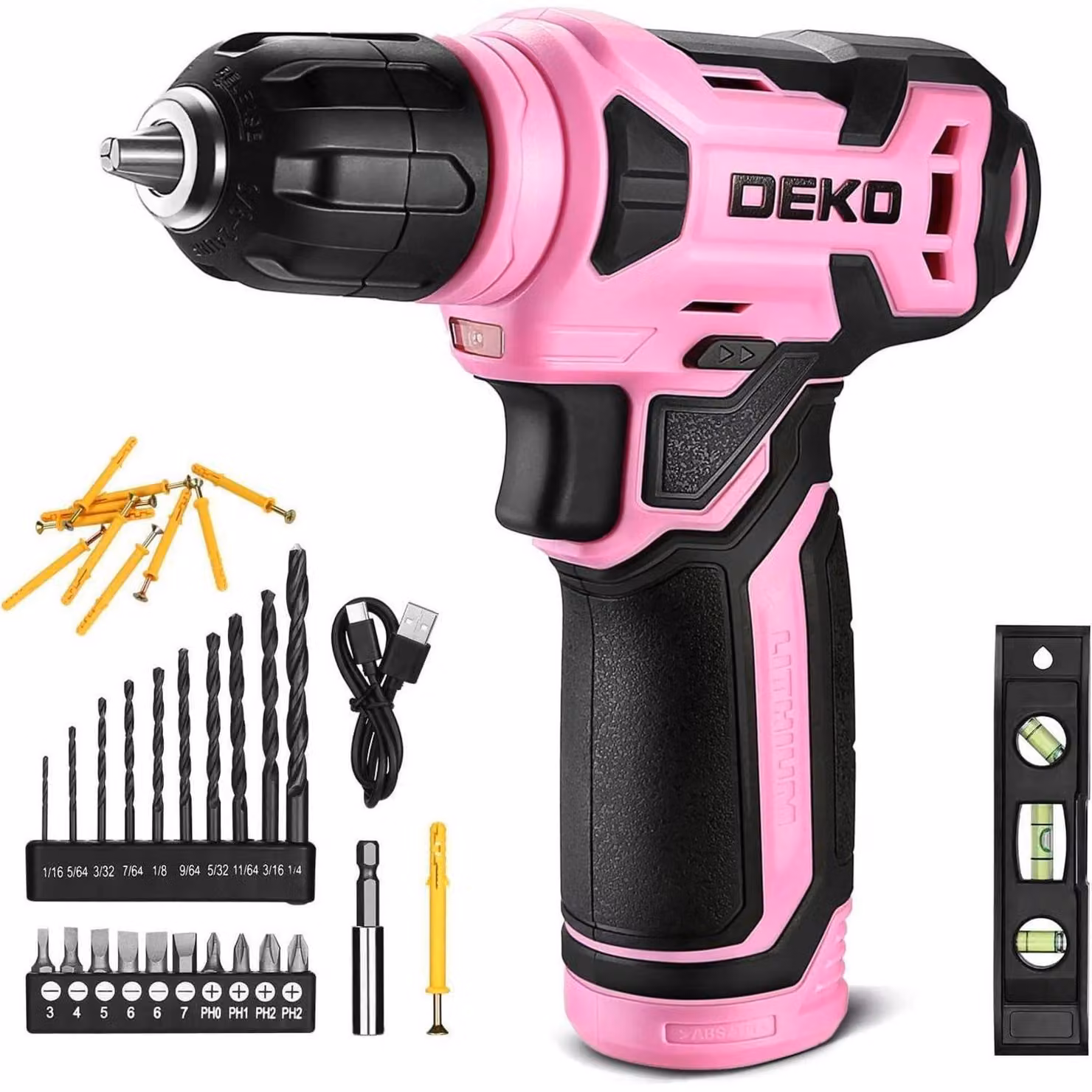 Trapano avvitatore a batteria da 8V, set di accessori da 42 pezzi. Trapano avvitatore a percussione da 12 Nm, con luce LED, colore rosa