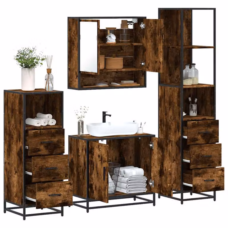 Set di mobili da bagno vidaXL 4 pezzi in stile industriale color marrone con armadietto specchio, mobile lavabo, mobile laterale e colonna alta in legno e metallo