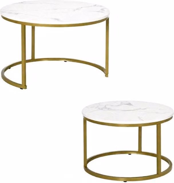 Set di 2 Tavolini Nesting Moderni con Piano Marmo Bianco e Struttura in Metallo Dorato