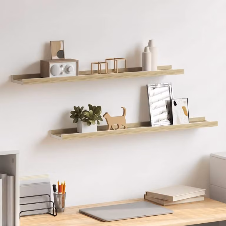 vidaXL Set di 2 Mensole da Parete in MDF Bianco e Rovere Sonoma L: 80 cm, P: 9 cm, H: 3 cm