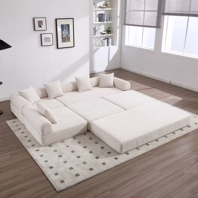 Divano modulare a L OKWISH in velluto beige con funzione letto per soggiorno e camera da letto L/P/H: 270 x 164 x 74 cm