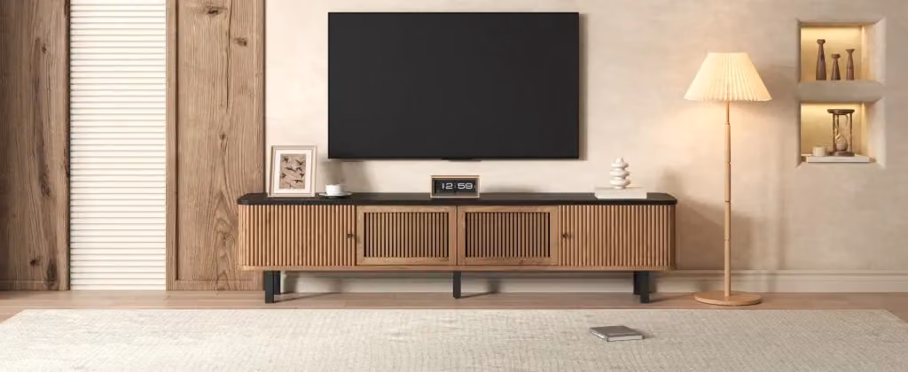 Mobile TV moderno in rovere marrone con ante scorrevoli a strisce e griglia, L: 190 cm, P: 45 cm, H: 35 cm – 2