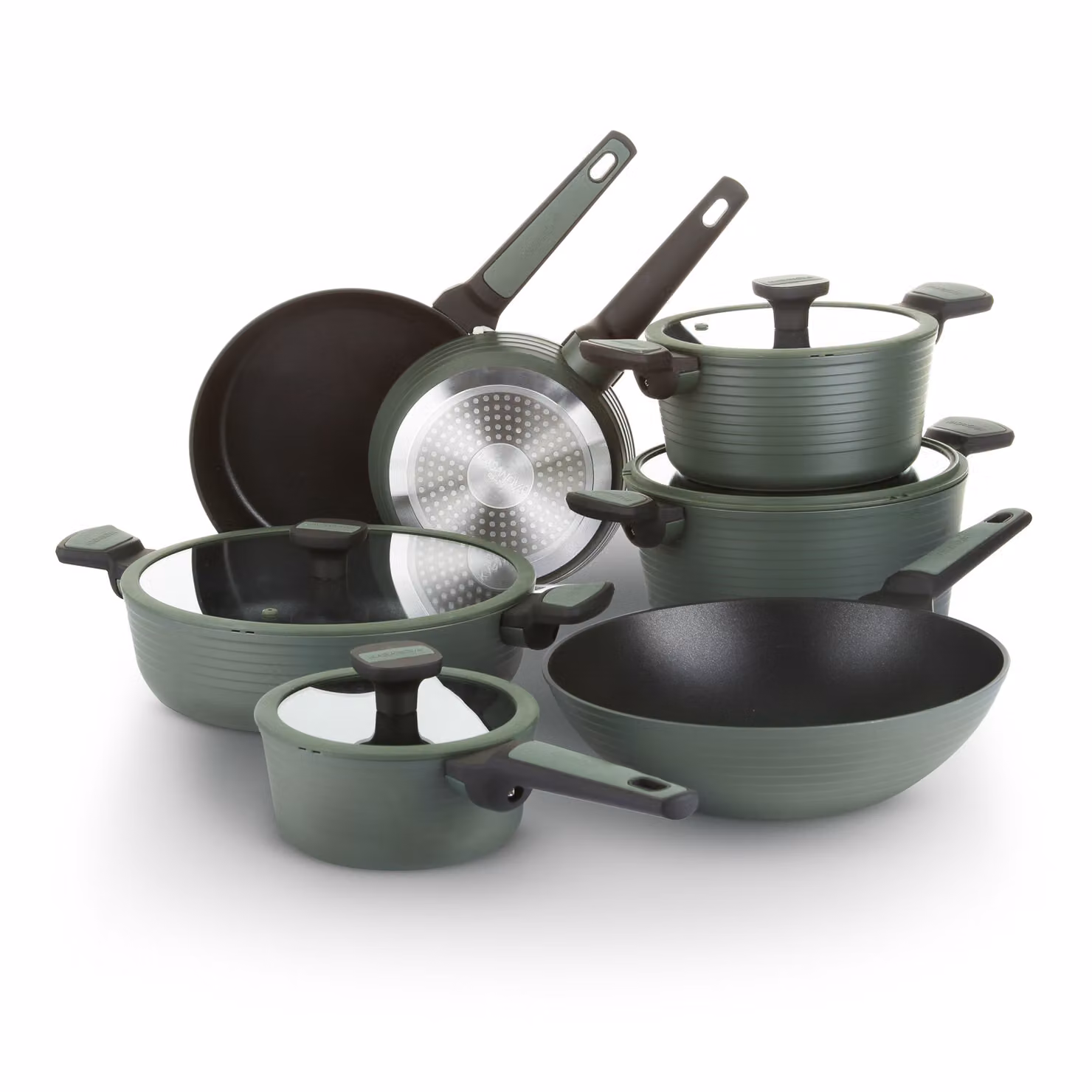 Set di pentole Kasanova da 11 pezzi con rivestimento antiaderente in alluminio e dettagli in silicone, colore verde – 2