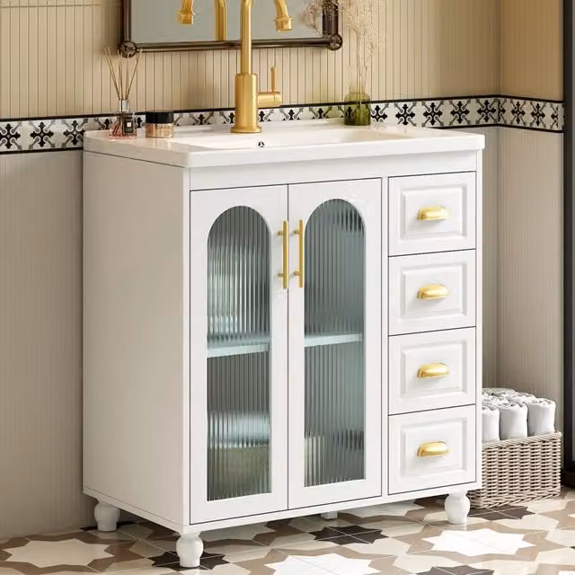 Mobile sottolavabo con lavabo in porcellana, 3 ante e 3 cassetti, maniglie in metallo, per bagno, bianco, 80 cm