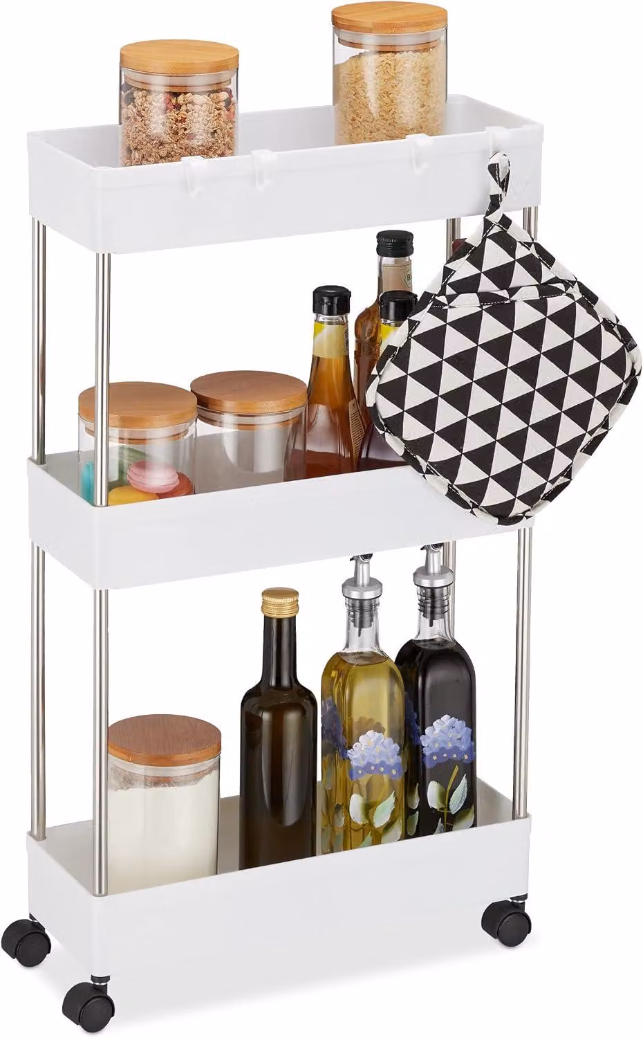 Carrello da cucina - Plastica - 3 ripiani - 4 ganci - 70 x 15,5 x 40,5 cm - Scaffale stretto con ruote - Bianco