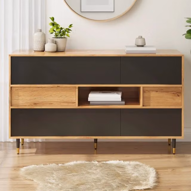 Credenza Moderna in Legno e Metallo con Cassetti Soft Close e Ante, Colore Marrone, Nero e Oro, L: 140 cm