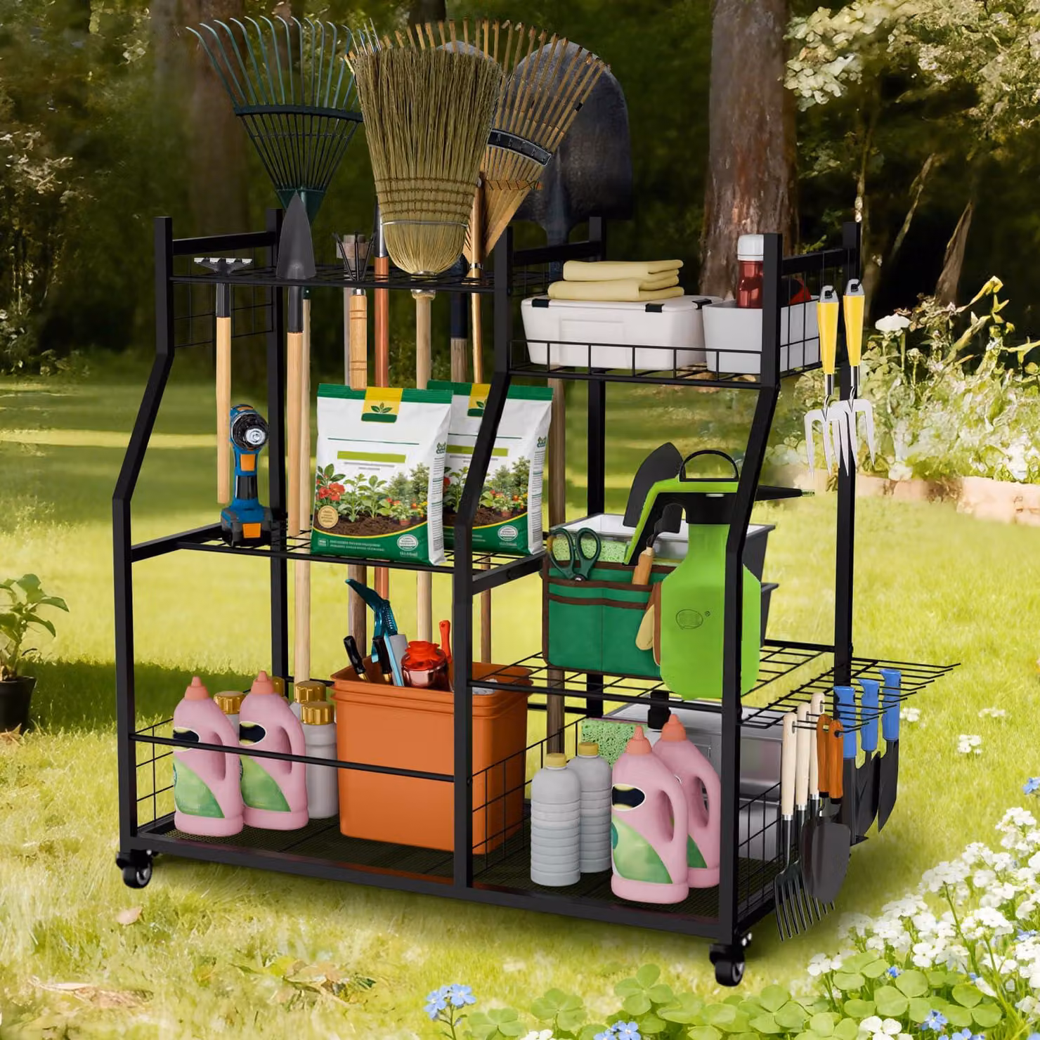 Porta-attrezzi da giardino con ruote, organizer in metallo resistente