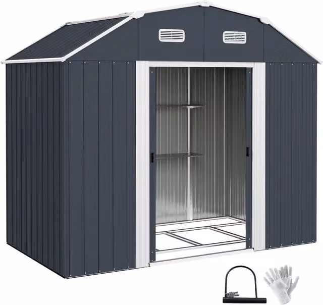 Capanno da giardino in acciaio 2;7m2 Capanno da giardino protezione UV Armadio da giardino 2 porte scorrevoli Fondazione scaffale grigio scuro 238x132x198;5cm