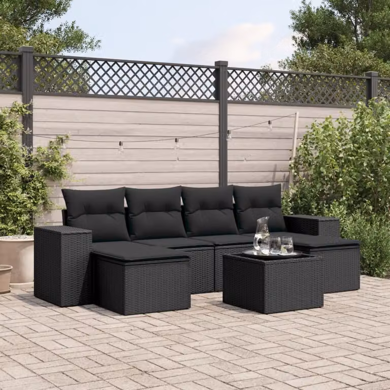 vidaXL Set Divani da Giardino Moderno in Polyrattan Nero con 7 Cuscini e Tavolino da Esterno