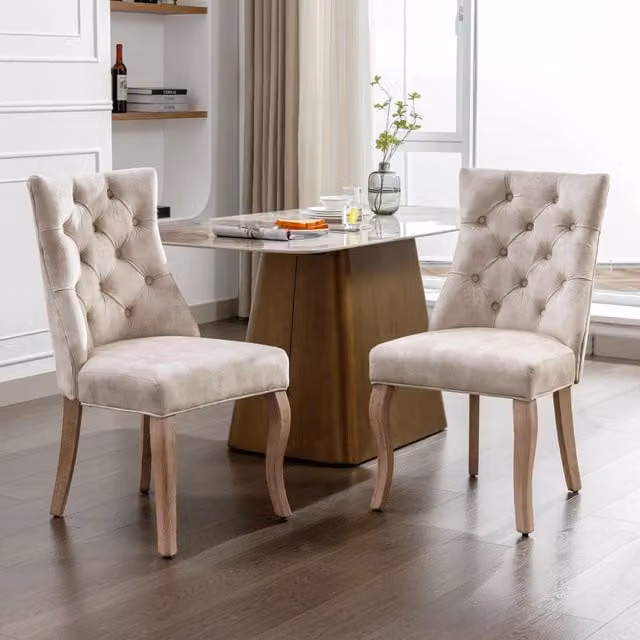 Sedia da Pranzo Imbottita in Velluto con Schienale Alto ¨C MINIMAL ¨C Beige Chiaro, Gambe in Legno Massello, Set 2 Pezzi