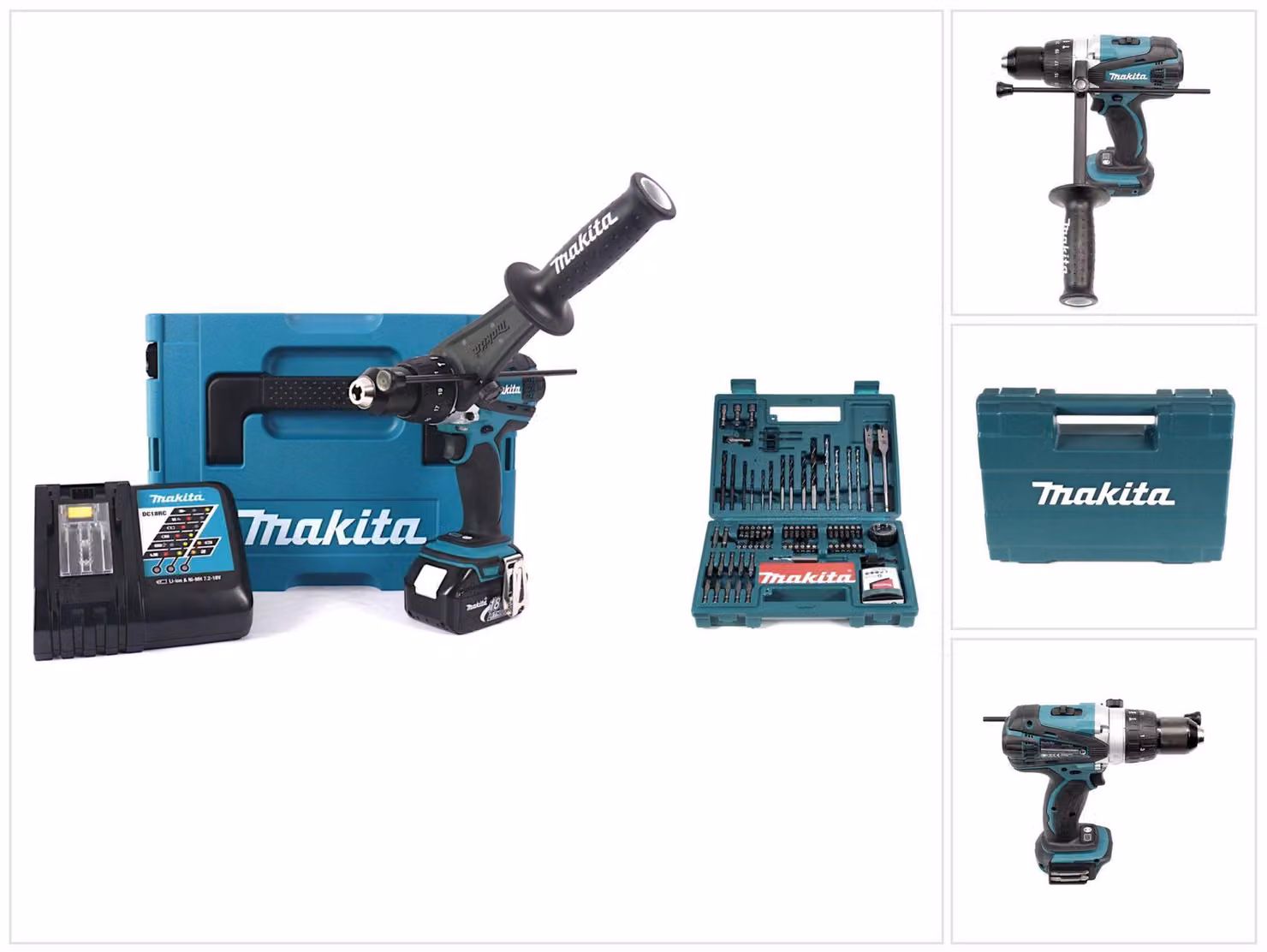 Makita DHP 458 RF1J Trapano avvitatore ad impulsi 18V 91Nm a batteria in valigetta Makpac + 1x Batteria 3,0 Ah + Caricabatterie DC 18 RC + Set Makita di 100 punte per trapano