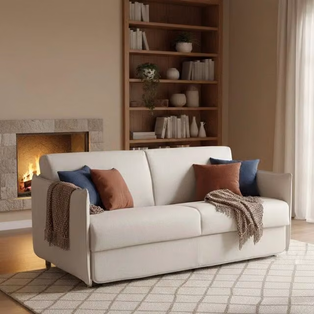 Divano Letto Trissino DMORA a 2 Posti con Rivestimento Sfoderabile in Tessuto Beige L: 180 cm, P: 95 cm