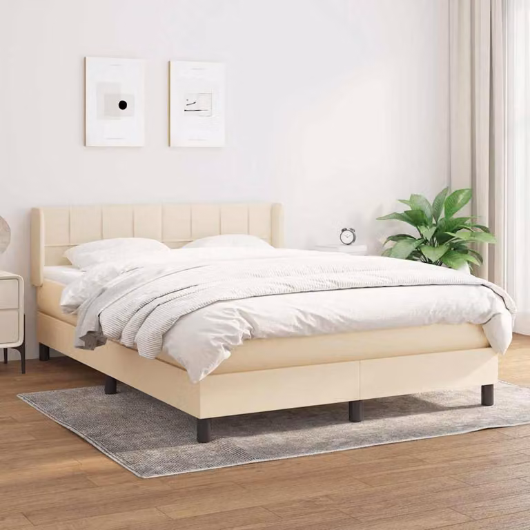 vidaXL Giroletto a Molle con Materasso in Tessuto Beige e Bianco, L/P/H: 140 x 190 x 88 cm