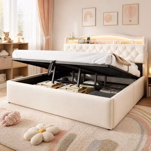 Letto matrimoniale imbottito ULEVR 180x200 cm con contenitore idraulico, LED, USB e USB-C, beige