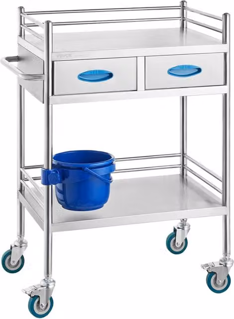 Carrello di Servizio in Acciaio Inox K-ST529 Argento con 2 Ripiani, 2 Cassetti e Ruote Bloccabili, Portata 100 kg per Officina e Laboratorio – 1