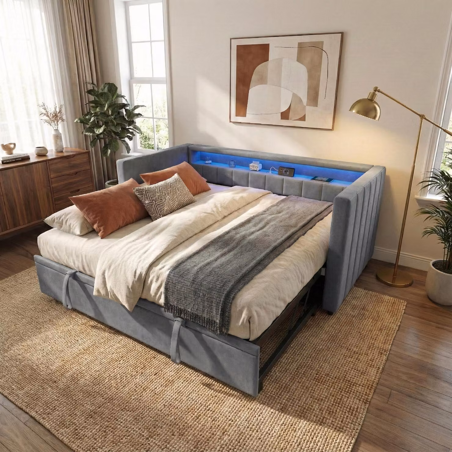 LVHOM daybed allungabile 90/180x190cm con contenitore e LED, divano letto con letto estraibile, daybed in velluto con USB e rete a doghe, daybed, grigio