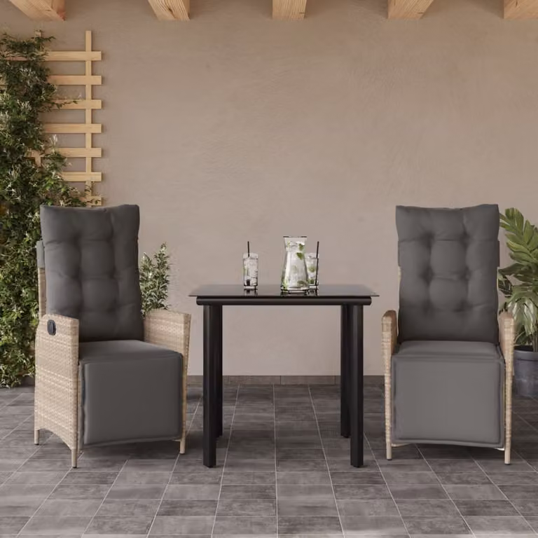 Set Pranzo da Giardino vidaXL in Polyrattan con Piano in Vetro e Cuscini, 3 Pezzi, Grigio Antracite