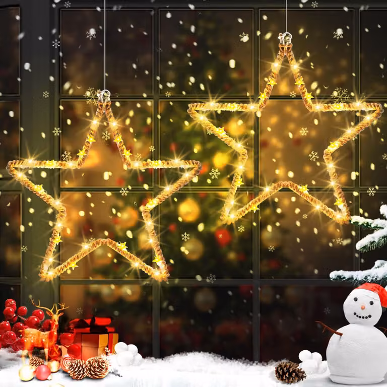 Set di 2 stelle decorative a LED per finestre, con 30 LED bianco caldo, timer e alimentazione a batteria