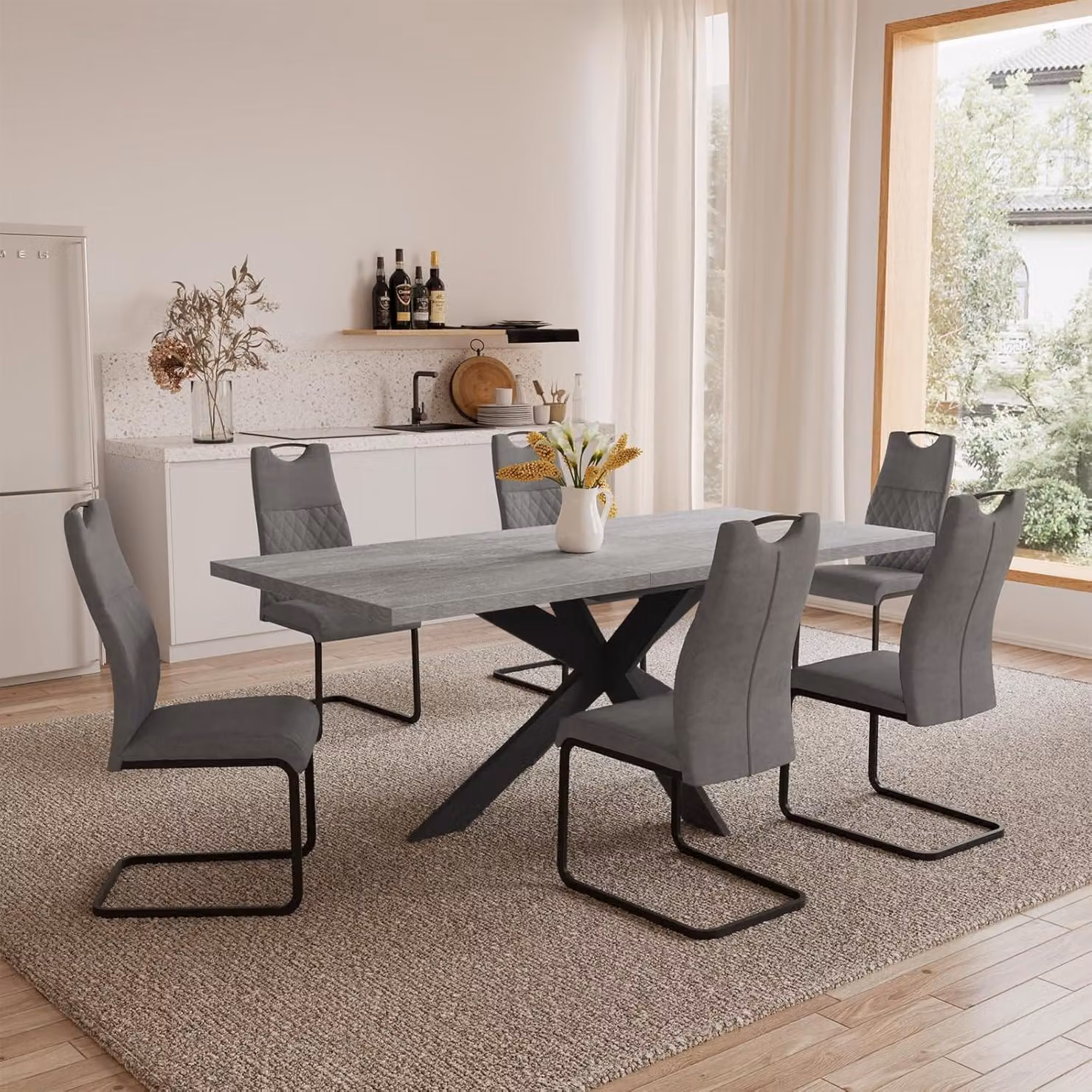 Tavolo allungabile grigio con 6 sedie, struttura in MDF, dimensioni 130-170 cm