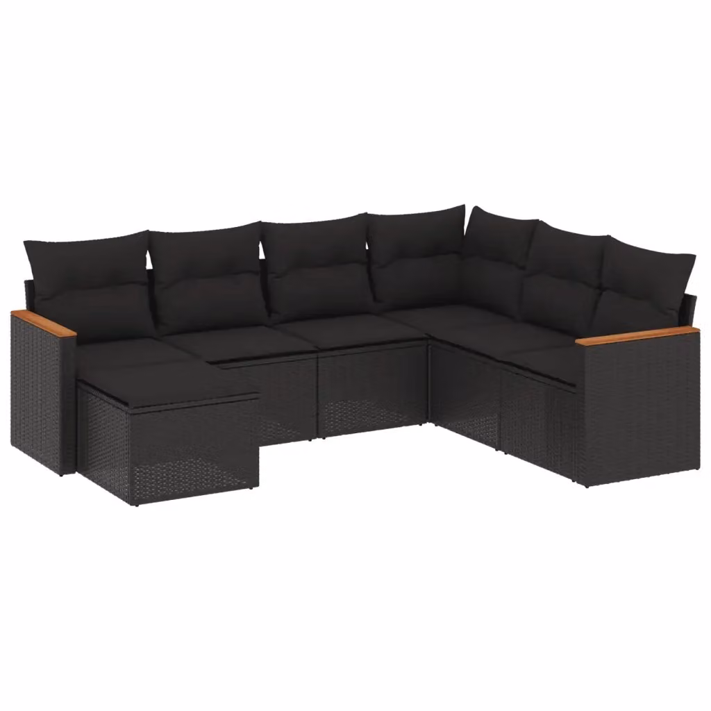 Set Divani da Giardino a L vidaXL con 7 Cuscini Neri in Polyrattan e Acciaio – 2