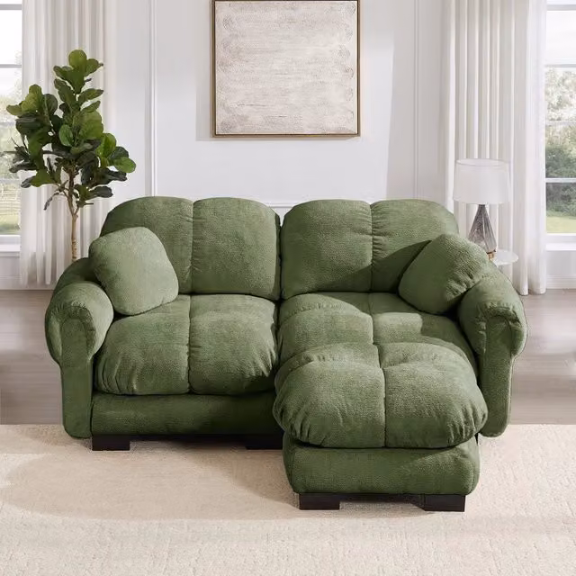 Divano angolare 2 posti con poggiapiedi ¨C Minimal ¨C verde imbottito con cuscini trapunto