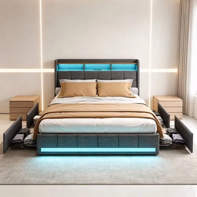 Letto matrimoniale imbottito 180x200 cm con 4 cassetti ; letto Contenitore con LED e USB; letto funzionale letto adulti ;Lino Grigio Scuro