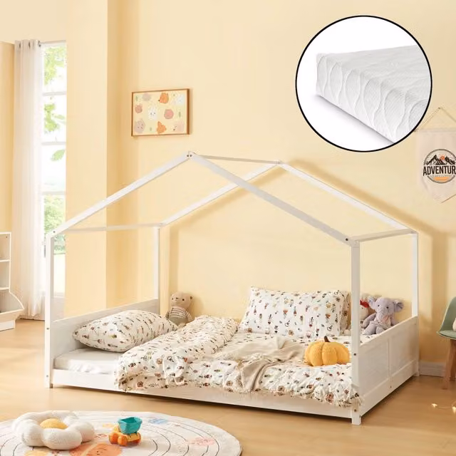 Letto per Cameretta Simo a Casetta con Materasso 120 x 200 cm in Legno di Pino - Bianco [en.casa]