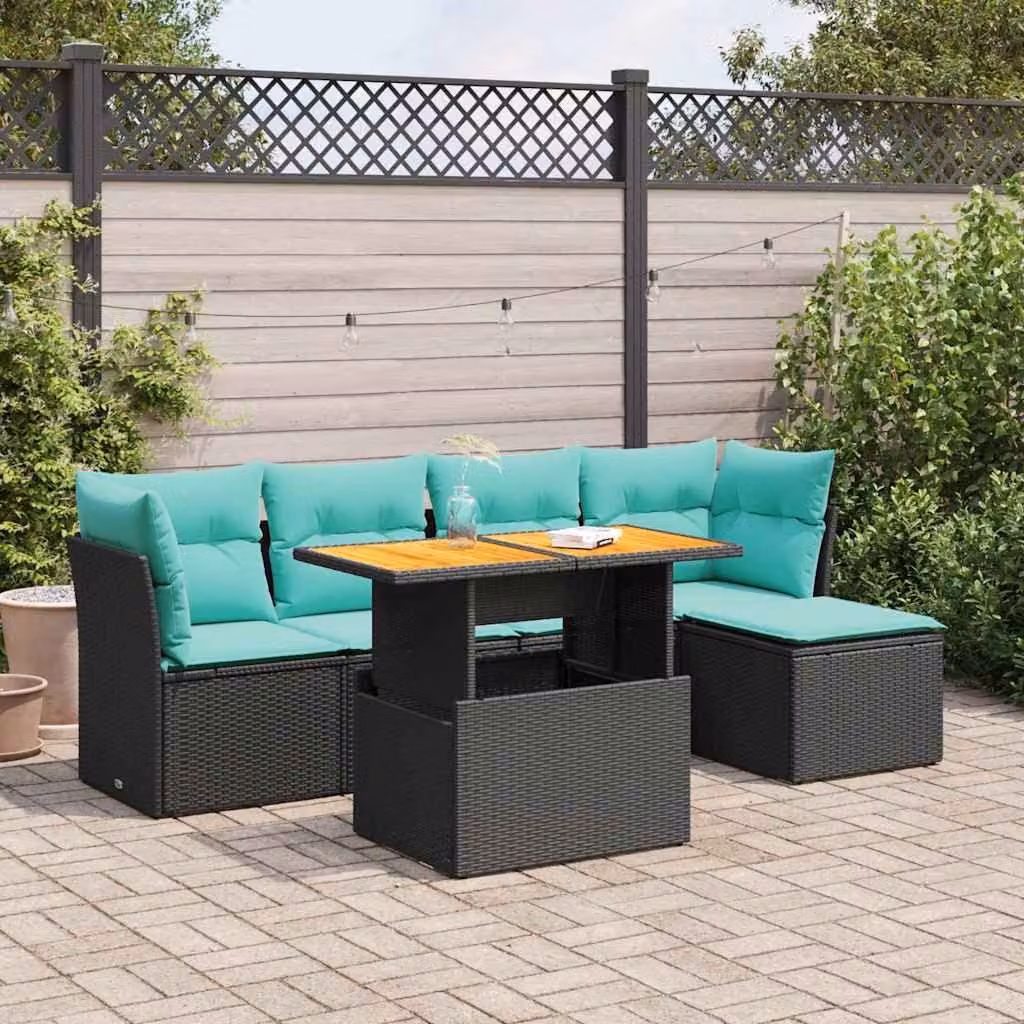 Set Divano da Giardino vidaXL 6 pz a Forma a L con Cuscini e Tavolino, Polyrattan e Acciaio, Colore Nero