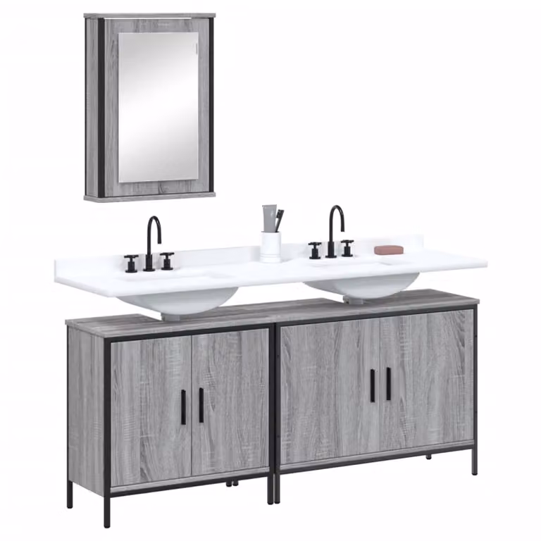 Set di mobili da bagno vidaXL 3 pezzi grigio moderno in legno, metallo e vetro con armadietto specchio e mobile lavabo a parete