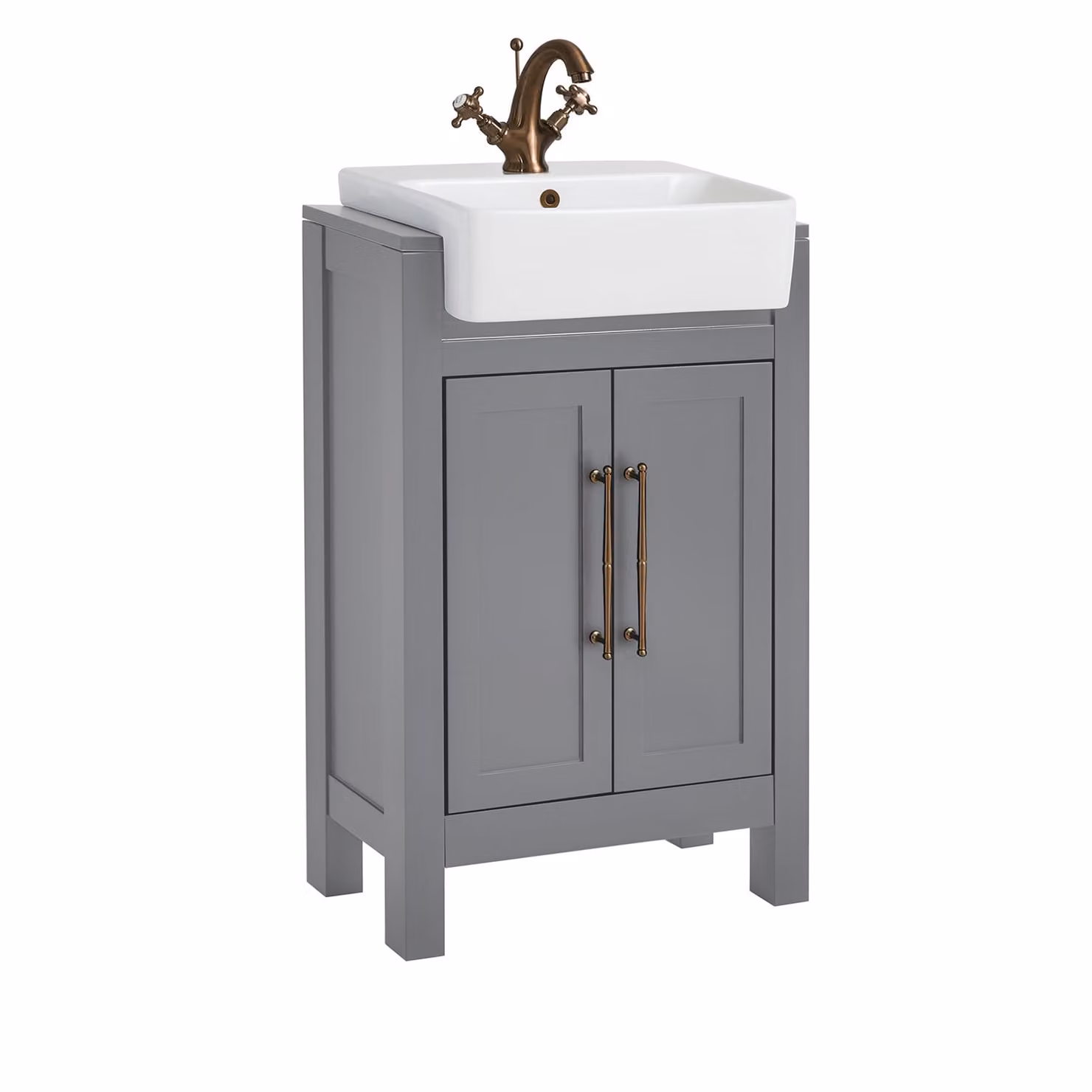 Mobile Bagno Grigio Chiaro da 550mm con Lavabo e Maniglia Classica con Barra a T in in Rame Satinato - Warwick