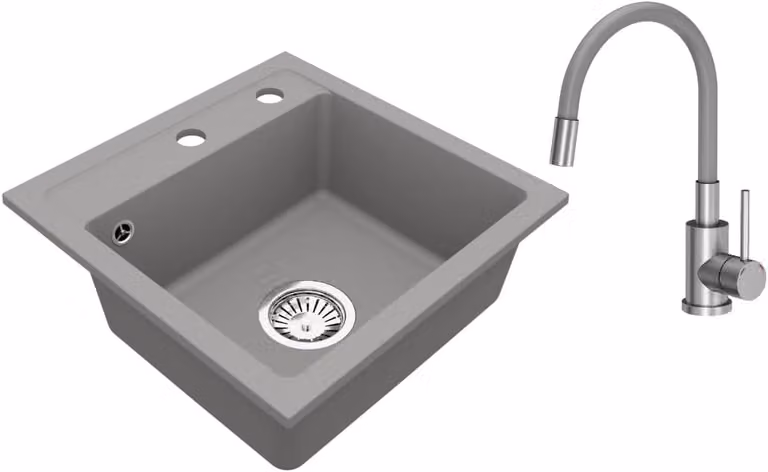VBChome Lavello in granito 44 x 44 cm Grigio con rubinetteria flessibile Vasca singola Lavello da incasso Maculato Lavello di facile manutenzione con sifone