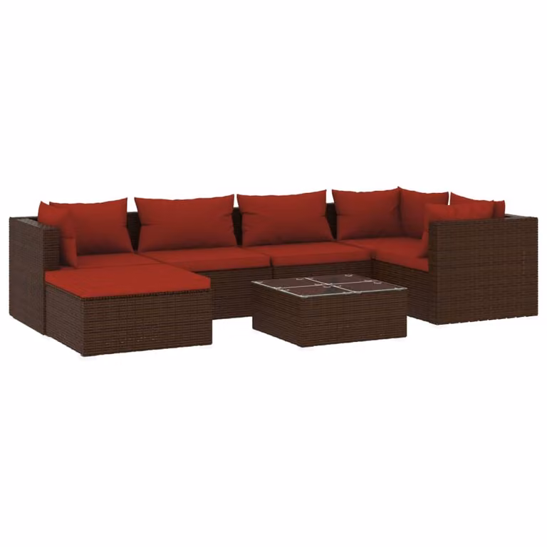 Set Divani da Giardino 7 pz con Cuscini in Polyrattan Marrone