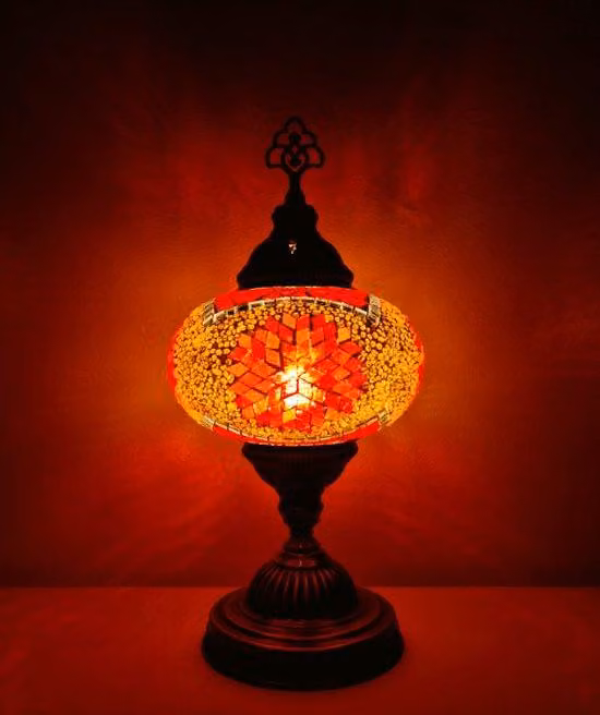 Lampada da tavolo turca con sfera in mosaico arancione da 13 cm – Lampada orientale per un'illuminazione suggestiva