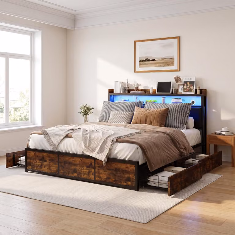 INONEFT Letto contenitore imbottito, 180x200 cm, letto per ragazzi/coppie con 4 cassetti, letto con LED e spazio contenitore, struttura del letto con rete a doghe, colore nero, materiale: PU